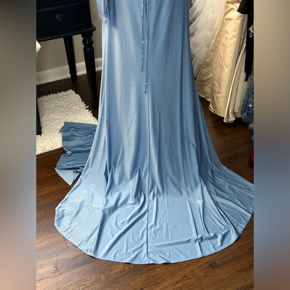 💎Stunning Dancing Queen Gown Blue Side Drape Slit Corset Evening Formal XL 12 - Picture 6 of 11